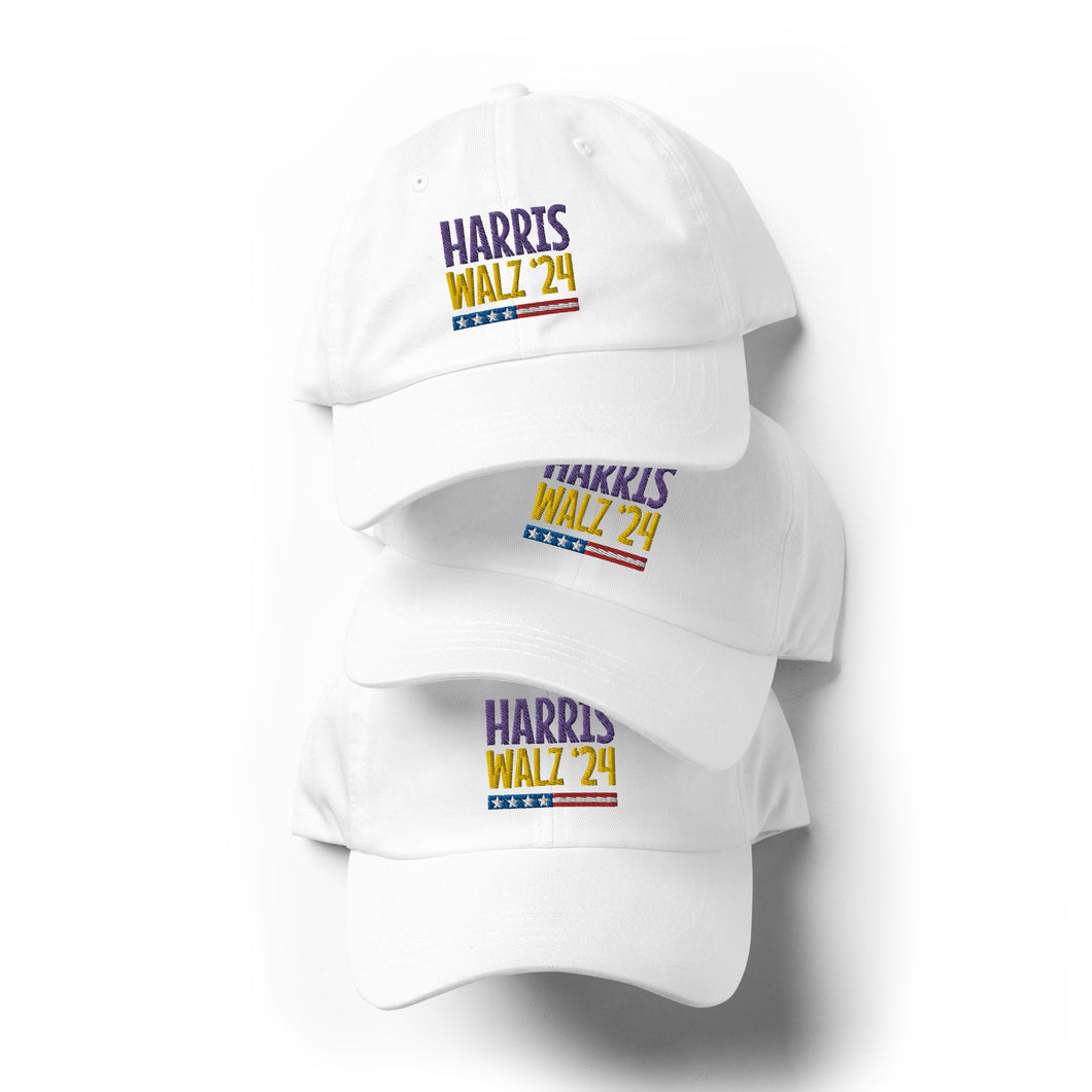 Harris-Walz '24 purple-gold text hat